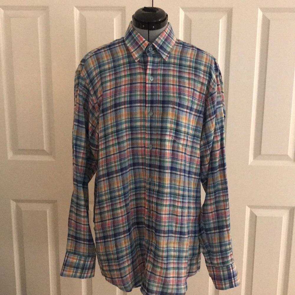 Michael’s Linen Plaid Shirt Blue Green White Pink Button Down…